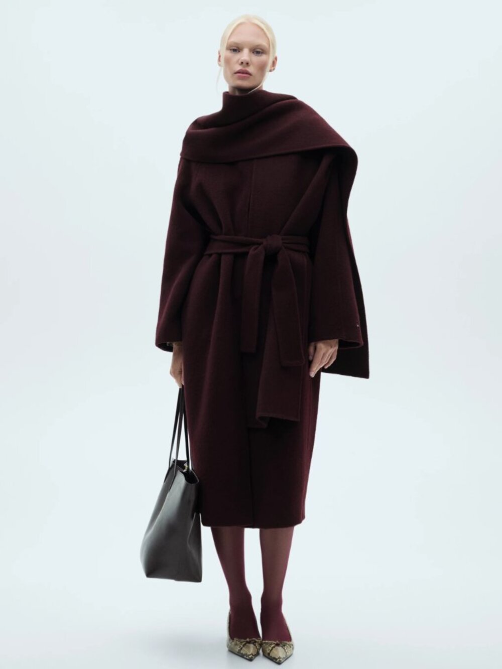 Mango Dark Brown Long Wool Coat With Detachable Scarf Size S